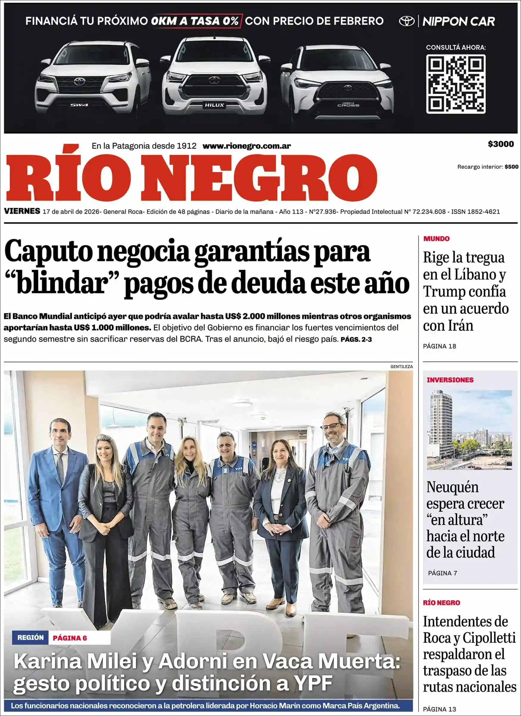 Evolucion Streaming | HCP Noticias - Tapa del diario Rio Negro